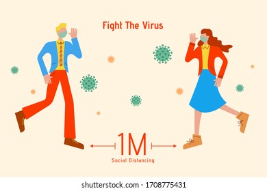Social distancing during coronavirus outbreak with two fashion people stay at least 1 meter from others