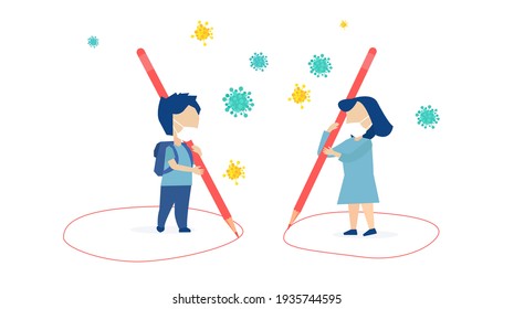 Social distancing during coronavirus outbreak concept. Vector of students little children keeping distance by drawing circle around them 