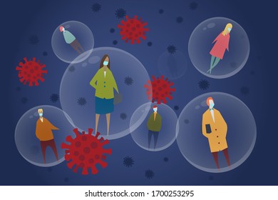 Social distancing during the coronavirus pandemic. Stylized illustration of diverse selection of people who are wearing face masks floating in 6 ft. bubbles among coronavirus microbes.