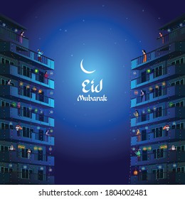 Social Distancing During Islamic Festival Eid, Celebrating Eid From Balcony, Vector