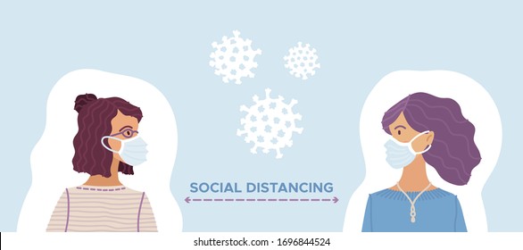 Social distancing during outbreak of the coronavirus. Two women keep 2 meters apart as they speak to each other. They wearing safety breathing masks. Keep safety distance to protect from covid-19.