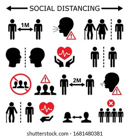 Social distancing during pandemic or epidemic vector icons set, keeping a distance between people, self-quarantine and self-isolation in society concept. Increasing the physical space between people 