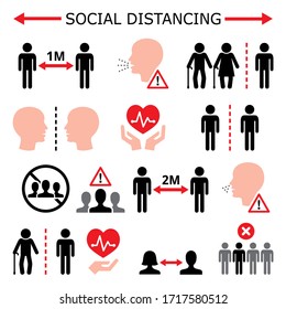 Social distancing during pandemic or epidemic vector color icons set, keeping a distance between people

Increasing the physical space between people to avoid spreading illness or virus - icon design
