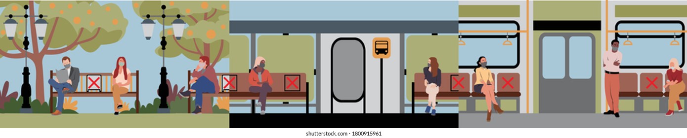 Social distancing during pandemic at park, bus stop, and public transport. People use medical mask and do social distancing to prevent disease spread. New normal of social distancing in public space.