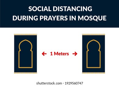 Social Distancing During Prayers in Mosque - Vector Flat Design Illustration : Suitable for Islamic Theme and Other Graphic Related Assets.
