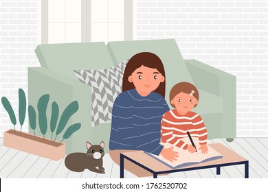 Social distancing education at home.Before school opens.Mother is teaching her daughter to write a book .Background New normal Distance Flat Vector Illustration.Measure safety from corona virus.