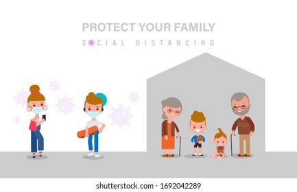 Social Distancing, Elderly and child should stay at home for safety during Covid-19 virus pandemic. People keeping distance. vector illustration in flat design style cartoon.