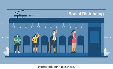 Social distancing in electric train. Sit and stand away from people. Save life from coronavirus outbreak. Vector illustration designs in flat style.
