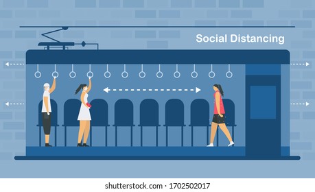 Soziale Distanzierung im Elektrozug. Setz dich und halte dich von Kranken fern. Sparen Sie Leben vor dem Ausbruch von Coronavirus. Vektorillustration-Illustrationen im Flachstil.