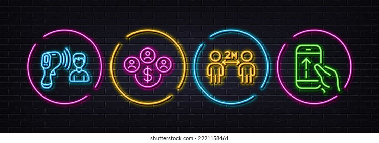 Distancia social, termómetro electrónico y moneda de compra iconos mínimos de línea. Luces 3d láser neón. Deslizar iconos. Para web, aplicación, impresión. Vector
