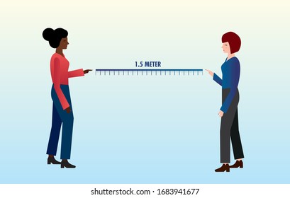 Social distancing, elegant black an white women measure the safe distance in society to prevent COVID-19 corona virus to spread. Social distancing women.