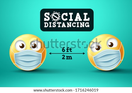 Social Distancing emoji vector sign. Emoji or emoticon with face mask in public social distancing for covid-19 preventive measure. Vector illustration.
