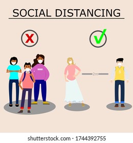 Social Distancing example for avoid corona virus disease transmission risk, a boy and a girl keeping distance, wearing a surgical protective Medical mask for prevent virus Covid-19. Health care concep
