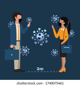 Social distancing example for greeting to avoid spreading corona virus. Recommendation 2 metres distance. Flat design vector.