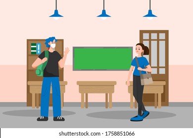 Social distancing example for greeting to avoid spreading corona virus. Flat design vector.