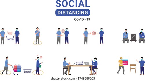 Social distancing Flat design illustration example for greetings, keep 2 meter distance, no hand shake,  keep distance in meetings, safe home food delivery to avoid spread of corona virus cover-19