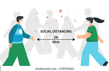 Social distancing flat design man and woman character wearing medical mask  maintain to prevent from virus, Health care concept.