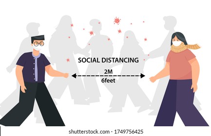 Social distancing flat design man and woman character wearing medical mask  maintain to prevent from virus, Health care concept.