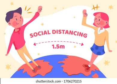 Social distancing flat style illustration with people waving at each other from two remote place on earth