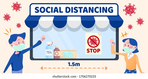 Ilustración de estilo plano con distanciamiento social con personas que se quedan a 1.5 metros y se agitan entre sí