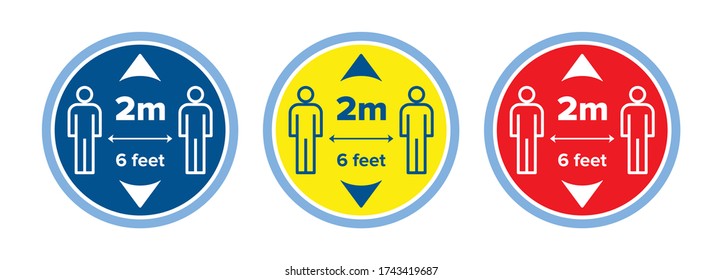 Calcomanía de calcomanías o conjunto de signos de distanciamiento social. Pegatina de 2 metros a 6 pies de distancia para la pandemia de cuarentena de coronavirus covid-19. 