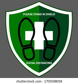 Social distancing footprint sign green color with text Please stand in shied for standing area in the elevator (Lift) or Customer queue.  Protection from Covid-19, Coronavirus spreading outbreak. 