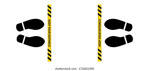 Social distancing. Footprint sign for stand in supermarket. Keep the 2 meter distance. Coronovirus epidemic protective. Vector illustration