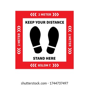 Social distancing. Footprint sign for stand in supermarket. Keep the 2 meter distance. Coronovirus epidemic protective. Vector illustration