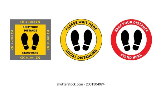 Social distancing. Footprint sign for stand in supermarket. Keep the 2 meter distance. Coronovirus epidemic protective. Vector illustration