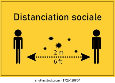 Social distancing in french "distanciation sociale" on a yellow background.  2 meters. Instruction Icon. Vector illustration. Coronavirus, covid-19 prevention.