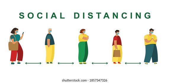 social distancing. Full length of cartoon sick modern people in medical masks standing in line against at a safe distance. flat vector illustration