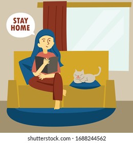 Social Distancing, Girl and little cat stay home in COVID-19 coronavirus outbreak, stay in the house to prevent virus infection. 