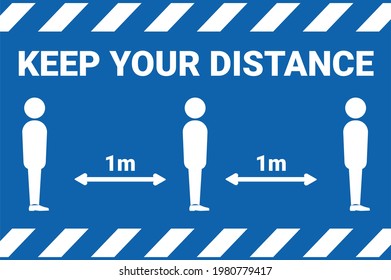Social distancing graphic. Simple person white  silhouettes with the arrow showing distance between them. Can be used during coronavirus or covid-19 outbreak prevention