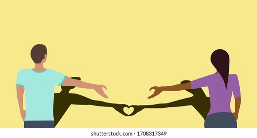 Social distancing greeting concept vector where two people remain at a distance but their shadows create a love heart to prevent spread of COVID-19 coronavirus pandemic