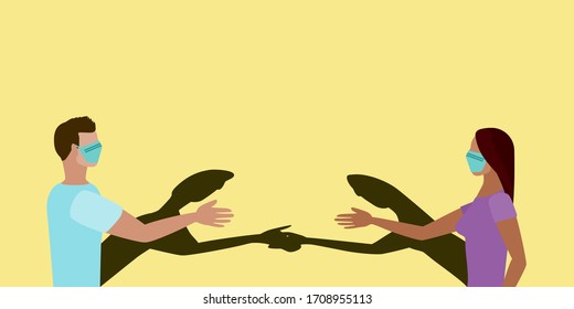 Social distancing greeting concept vector where two people shake hands at a distance but their shadows touch to prevent spread of COVID-19 coronavirus pandemic