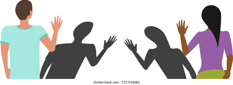 Social distancing greeting concept vector where two people avoid handshakes and keep their distance, but their shadows almost touch, to prevent spread of COVID-19