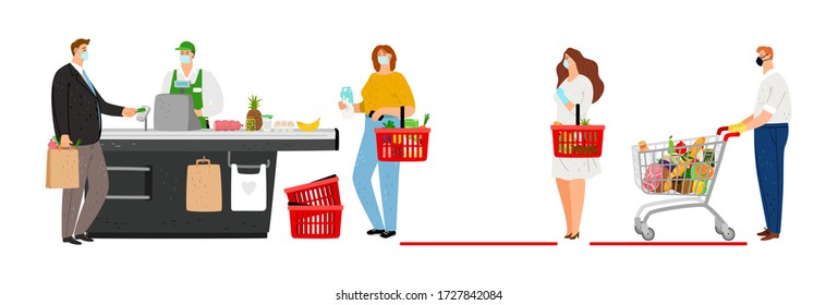 Social distancing in grocery store. Keep the distance in queue people. Woman man shopping in protective masks and gloves vector illustration