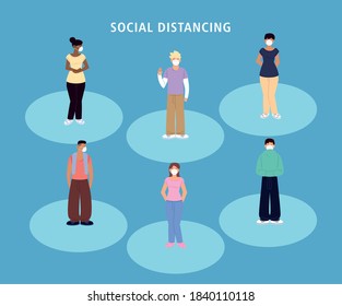 social distancing, group people with masks standing keep distance during coronavirus covid 19 vector illustration