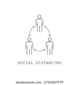 Social distancing guidelines show three figures with arrows indicating space between them in a simple vector graphic style