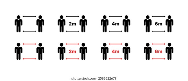 Social distancing guidelines: visual instructions for safe distances in various scenarios. Vector icon