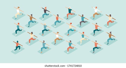 El distanciamiento social en un gimnasio. La gente haciendo ejercicio grupal manteniendo distancia unos de otros. Entrenamiento en un club deportivo tras la cuarentena de covid-19 coronavirus. Ilustración vectorial plana