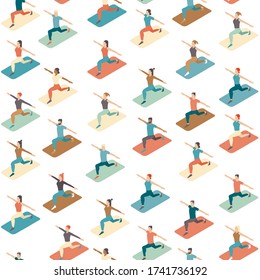 Social distancing in a gym. People doing group exercise keeping distance from each other. Training in a sport club after covid-19 coronavirus quarantine. Flat vector seamless pattern