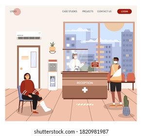 Social Distancing In Hospital Reception Room Concept Illustration. Vector Web Site Design Template. Doctor In Clinic Protected By Glass From Coronavirus Spreading. Patients Use Face Mask In Hospital