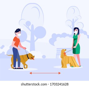 Social distancing in human society. People walking with dog keeping a distance. Concept of precautions epidemic outbreak and awareness. Flat Art Vector Illustration