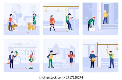 Social distancing in human society. People keeping a distance on the street, in public transport, in supermarket . Concept of precautions epidemic outbreak and awareness. Flat Art Vector Illustration