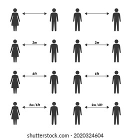 Social Distancing icon with arrow set. Stylish human,  Man and Woman Pictogram for Keep safe distance 2m, 6ft Public sign.