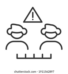 Social distancing icon. Keep your distance warning sign. Two person in mask and meter. Coronovirus epidemic protective. Vector illustration thin line. Editable stroke