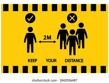 Social distancing icon. No gathering. Keep your distance. Avoid crowds. Yellow warning tape. Social distancing prevention virus icon. Vector illustration