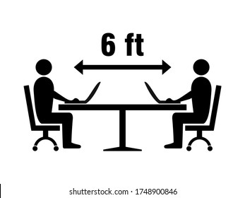Social Distancing Icon at the Office, Library or Study Room with People Figures Sitting around a Table, Keeping a Safe Distance of 6 Feet and Working with their Laptop Computers Icon. Vector Image.