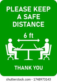 Social Distancing Icon at the Office, Library or Study Room with People Figures Sitting around a Table, Keeping a Safe Distance of 6 Feet and Working with their Laptop Computers Icon. Vector Image.